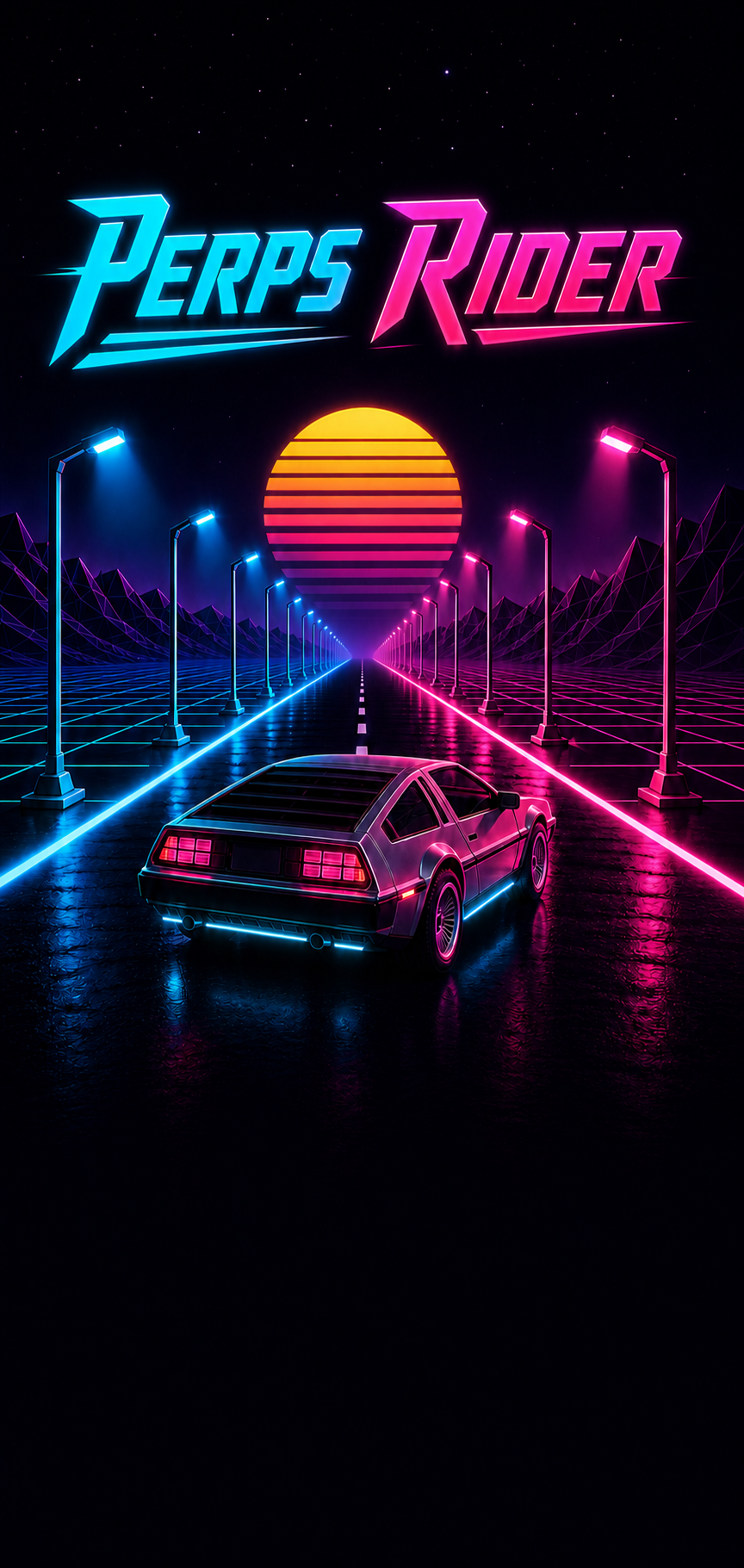 Perps Rider car racing down a neon synthwave road